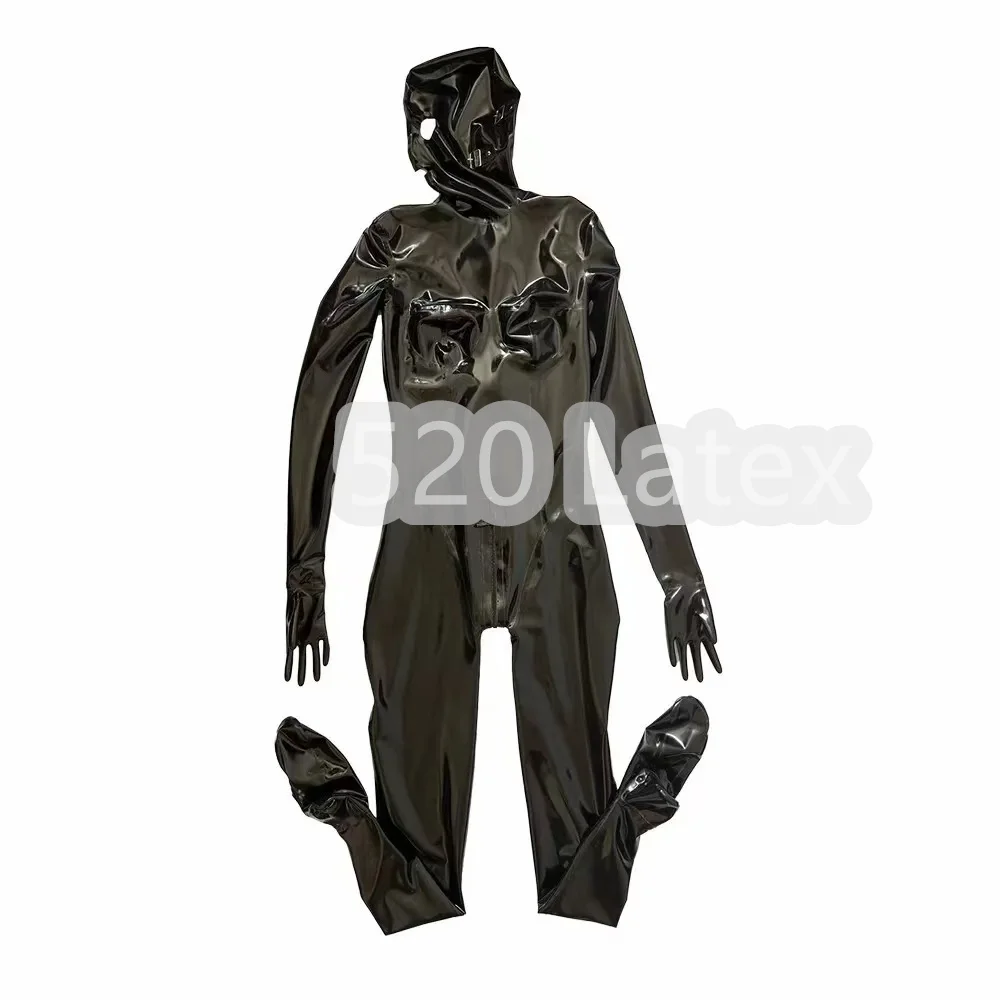 Handmade  Female Latex Bodysuits Latex 3D bust catsuit suit with socks and gloves attached hood back head to front crotch zipper