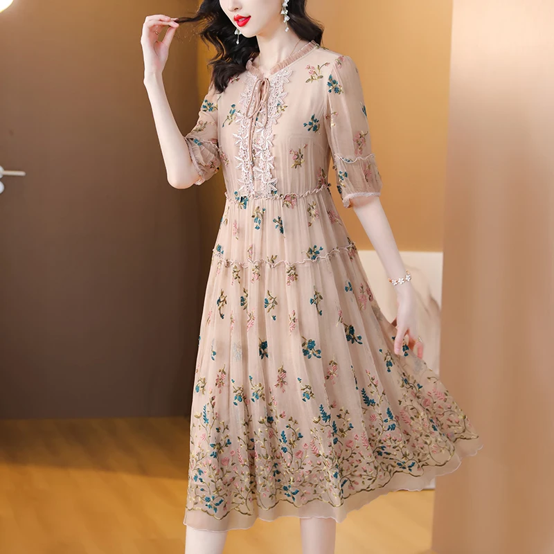 Women Floral Natural Silk Embroidery Midi Dress Spring Summer Fahsion Casual Beach Maxi Sundress Elegnat Loose Dress