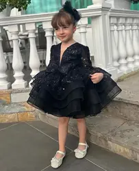 Luxurious Flower Girl Dress V Neck Puff Girls Party Dresses for Wedding Puff Tulle Kids Christmas Ceremonial Dress Customized