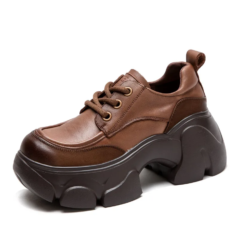 DRKANOL Women Thick High Heel Shoes Mixed Colors Genuine Leather 7cm Height Increasing Platform Lace-Up Handmade Retro Shoes