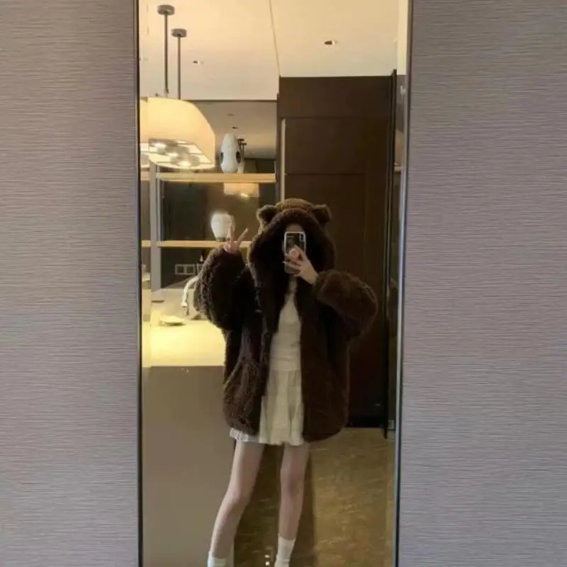 Y2K المرأة السوداء القط الأذن مقنعين سترة الجمالية المتضخم الشارع الشهير معطف شتاء جديد دافئ الجرونج سستة رداء علوي غير رسمي الموضة #5