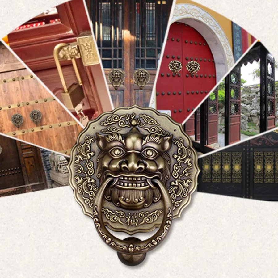 

A pair Asia home house mansion courtyard FENG SHUI protection exorcise evil spirits entrance door gate LIONS Knocker Door handle