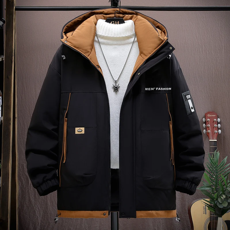 Fashion 2024 Autumn Winter Men\'s Hooded Cotton-Padded Jackets Outdoor Windproof Warm Down Coat Streetwear Loose Thick Top Parkas