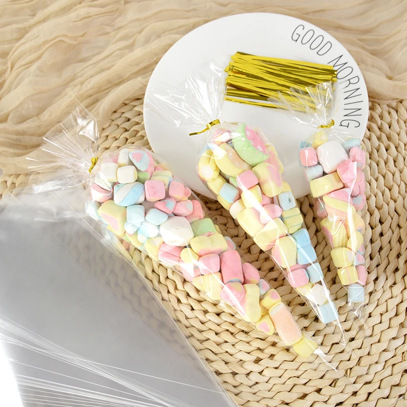 50PCS Transparent Plastic Candy Bags Triangle Snack Bag Popcorn Cookie Packaging Bag Wedding Birthday Baby Shower Christmas