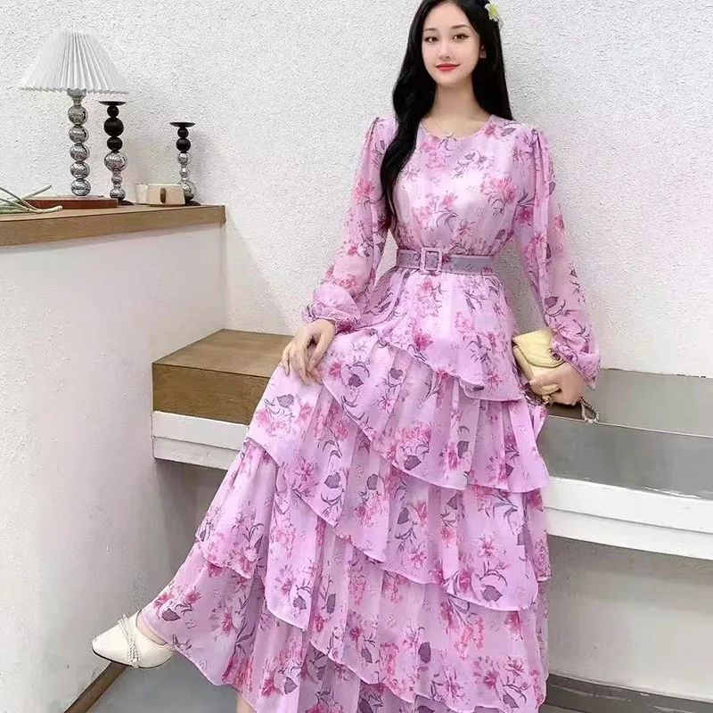 Damen Frühling Bedrucktes Chiffon-Kleid Langarm Figurbetont Gerüschtes Elegantes Luxus-Kleid 2025 Hochgeschnittenes Pullover-Kleid