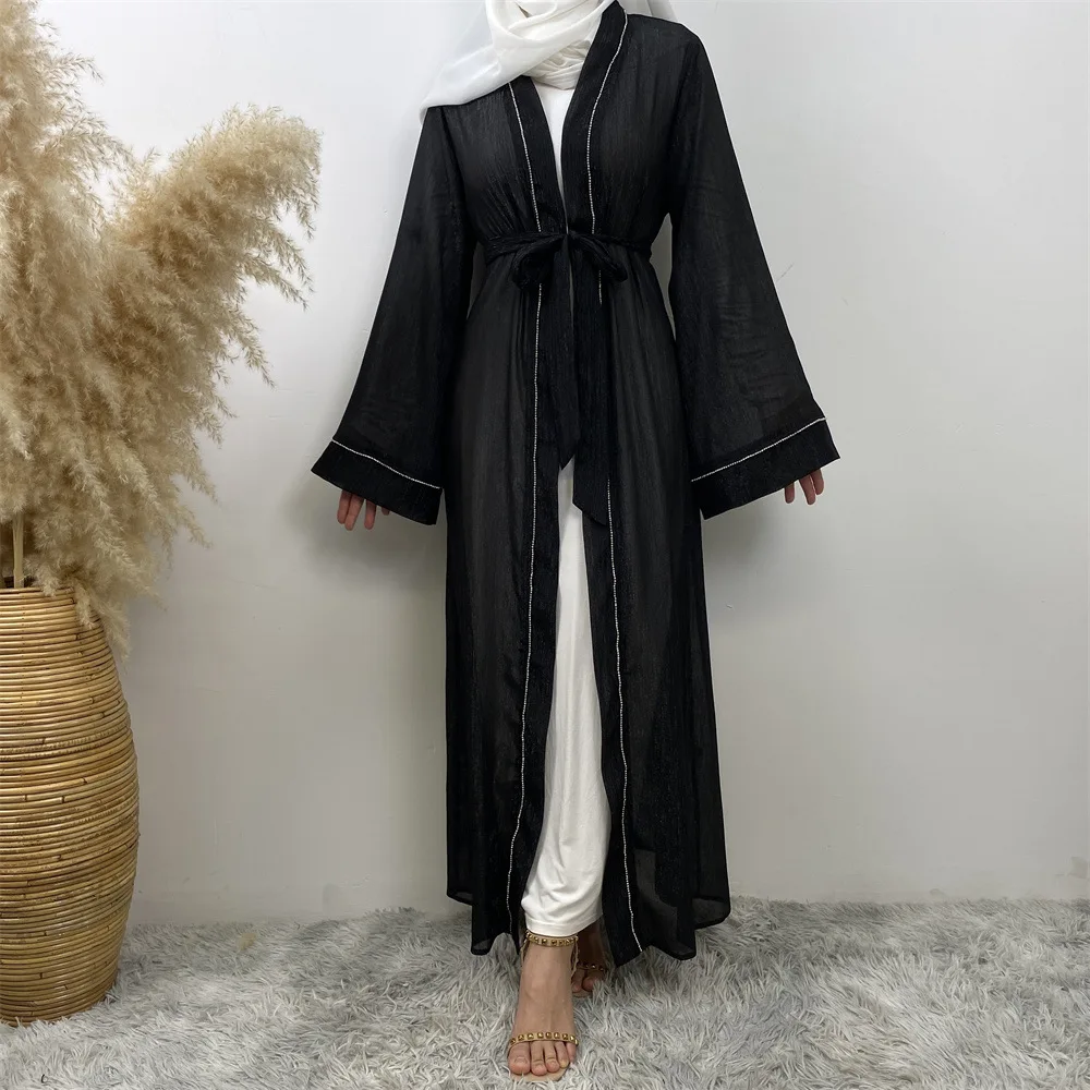 Abaya Kimono abierto de malla con diamantes de Arabia Saudita para mujer, vestido musulmán modesto, bata árabe de Dubái, Turquía, ropa islámica, Kebaya, caftán, Jalabiya