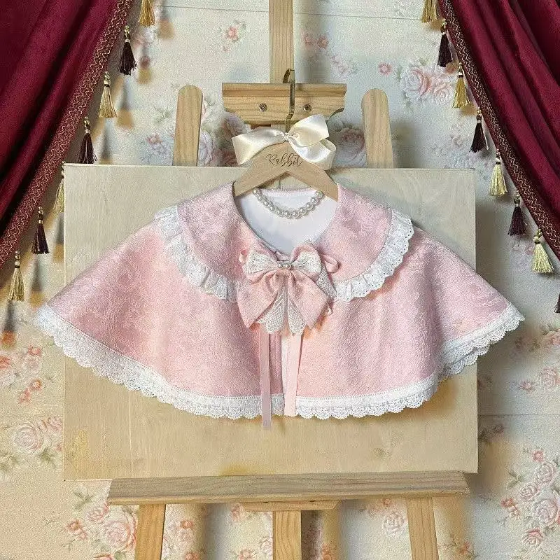 Japanese Sweet Cute Lolita Style Coats Women Kawaii Lace Parchwork Bow Peter Pan Collar Cloak Tops Girls Y2k Vintage Mini Capes