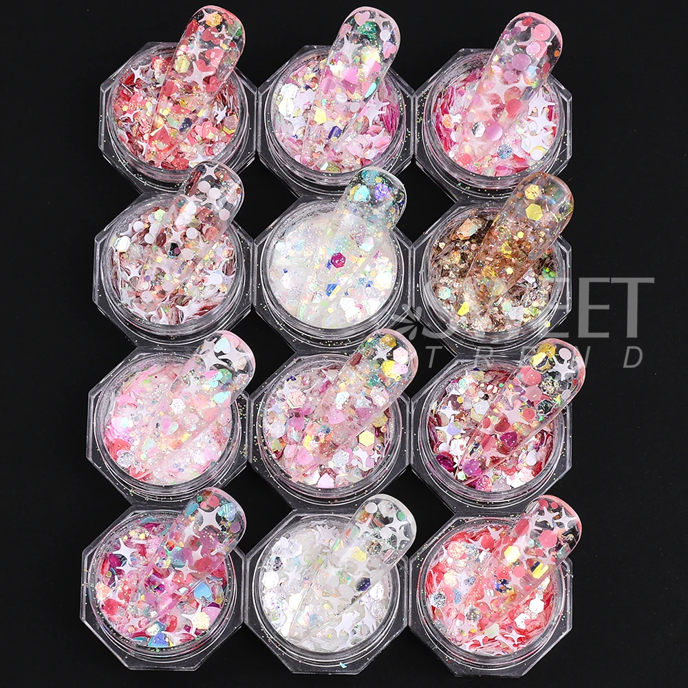 12 pz/set Olografico Y2K Stella Glitter Per Unghie Paillettes Lucido Dolce Amore Cuore Scintillante Fiocchi Paillette Accessori di San Valentino
