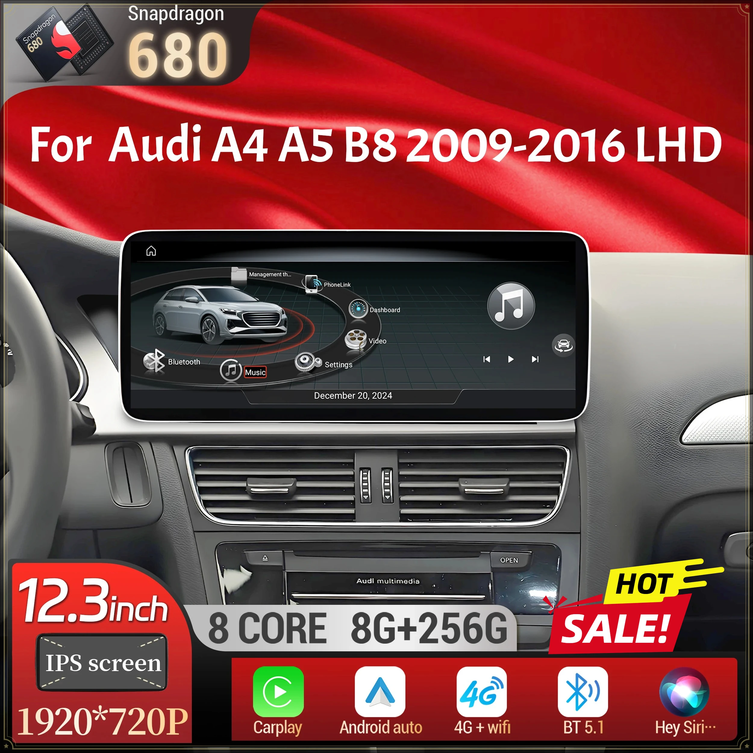12.3 inch For Audi A4 A5 B8 2009-2016 Left Hand Drive Android 14 Car Radio BT Carplay Qualcomm Snapdragon 680 Head Unit Screen