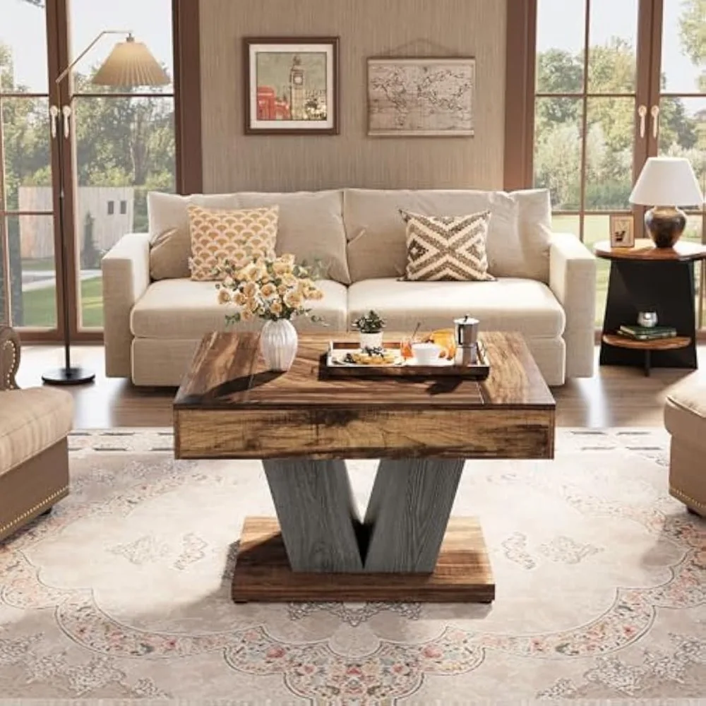 Square Coffee Table, Wood Coffee Table for Living Room, 31.5" Modern Center Table Cocktail Tea Table Accent Table, Rustic Brown