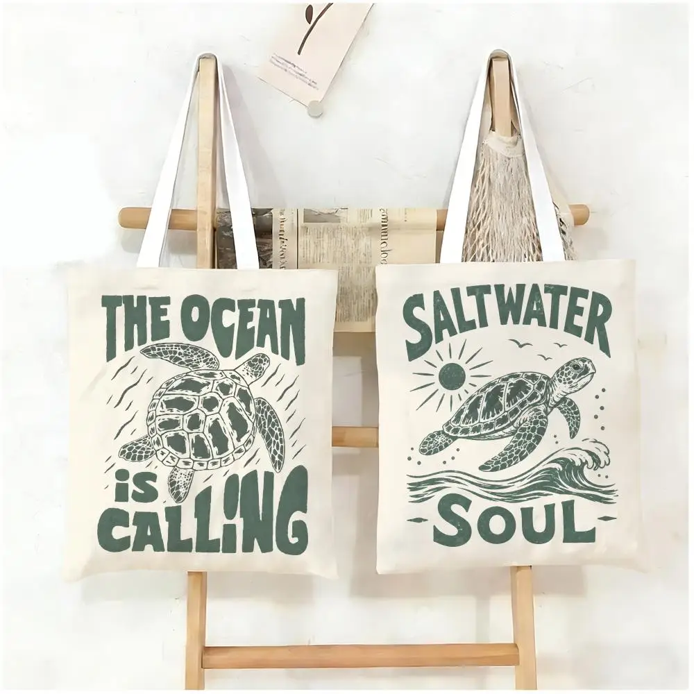 The Ocean Is Calling Storage Bags Canvas Tote Bag Women Large Capacity Reusable Shopping Shoulder Bag Daily Handbag