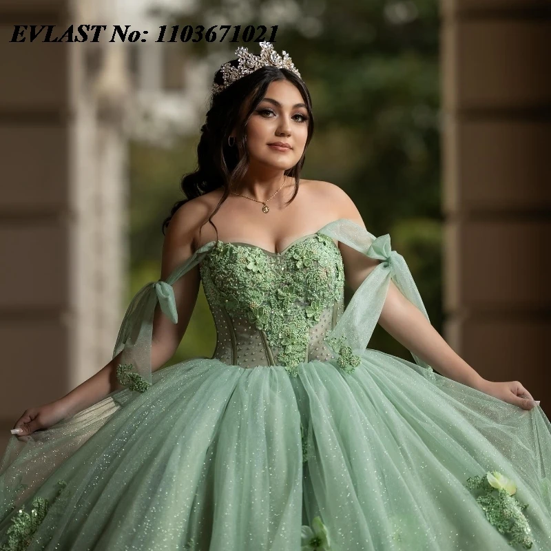 EVLAST-Mexican Mint Quinceanera Vestido, 3D Floral Lace Applique, Espartilho frisado, Vestido de baile brilhante, Doce 16 Vestido, SQ386