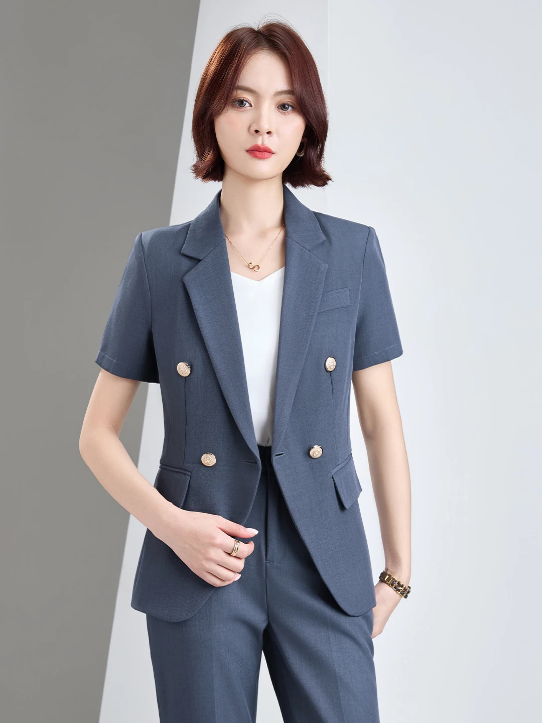 Career Interview Formal Wear Suit Set Women's Slim Fit Style Polyester Fabric Button Detail Commute Fashion Short Sleeve