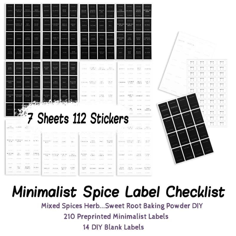 7 Sheets Minimalist Spice Label Set Black Text on Vinyl Waterproof Label Sticker with Removable Adhesive Square Seasonings Label