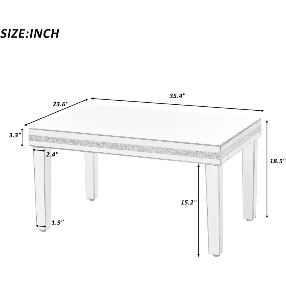 Mesa de centro espelhada de vidro com design de cristal, conjunto de 3, mesa de coquetel retangular e 2 mesas finais para sala de estar e apartamento