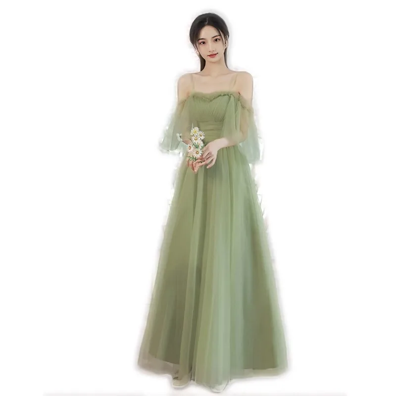 Green Bridesmaid Dress Summer Korean Style A-Line Tulle Long Outdoor Activities Banquet Gowns Slim Fit Wedding Evening Dresses