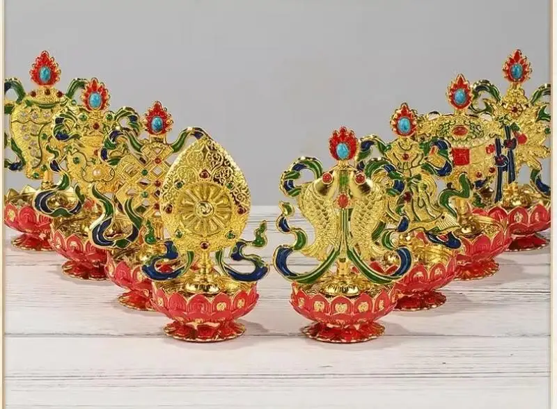 

8 Pcs Tibetan Buddhist Eight Auspicious Symbols Lotus Base Statue Home Decor