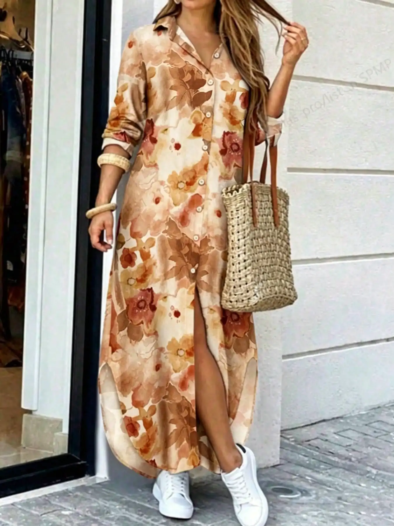 Summer Loose-Fitting Printed Shirt Dress for Women, Long Dress with Lapel Collar and Button-Up Cardigan Style, Casual Vacation Beach Commute Outerwear Dress view 5