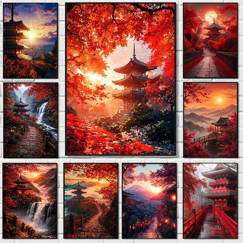 1pc Frameless Canvas Painting Japanese Pagoda with Mount Fuji Sunset Landscape Poster Vibrant Autumn Leaves Canvas Painting Wall