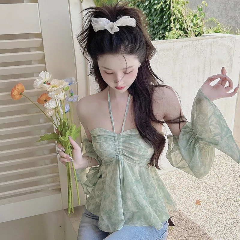 Elegant Countryside Leisure Style Sexy Off Shoulder Chiffon Shirt One Shoulder Fragmented Flower Top Hanging Neck Sling Top