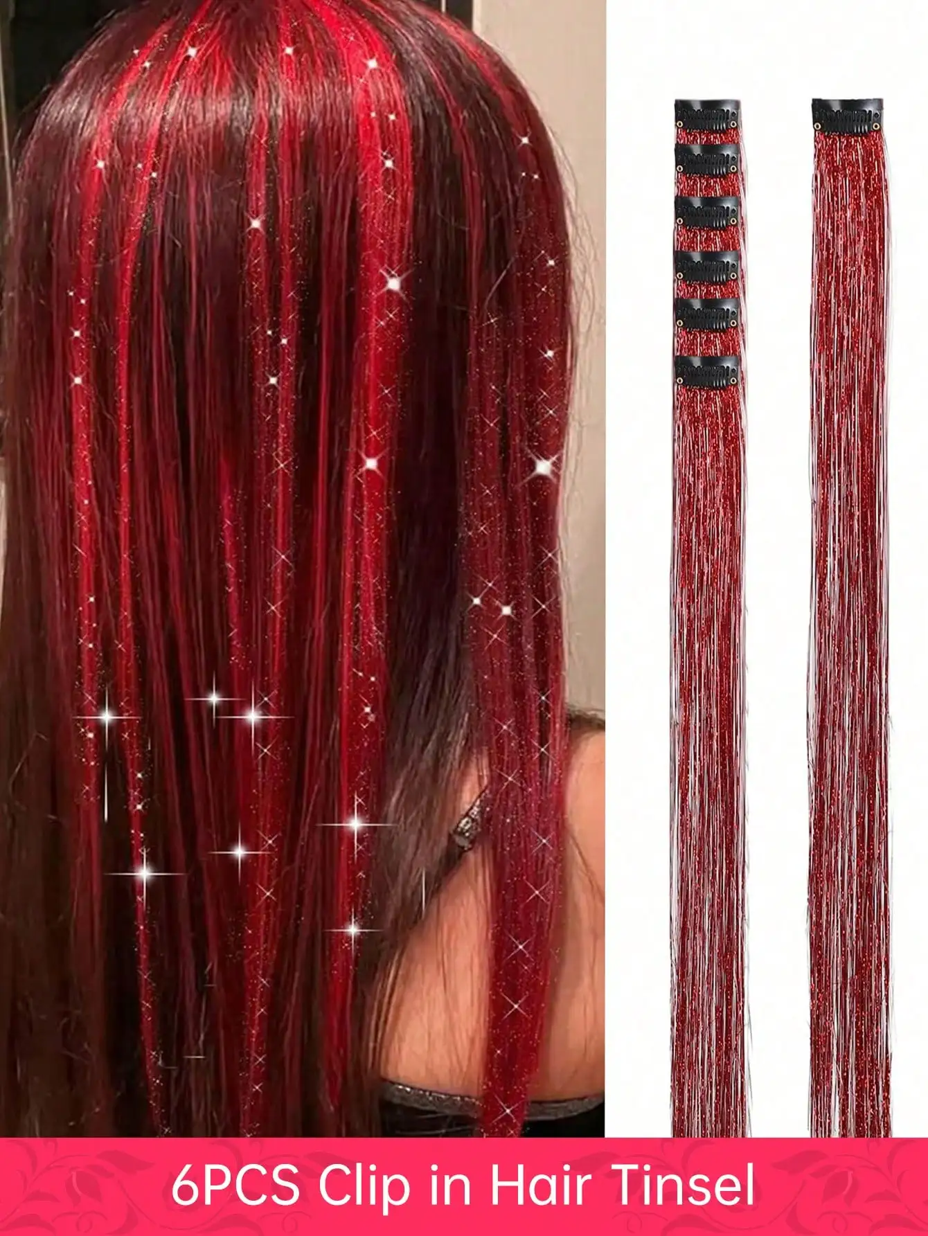 6pcs 20 Inch Clip-In Hair Extensions, With Shiny Sequins, Heat Resistant, Red Fairy Style Hair Accessories, Suitable For Halloween, Christmas, Party And Other Occasions，sb2404160500368605