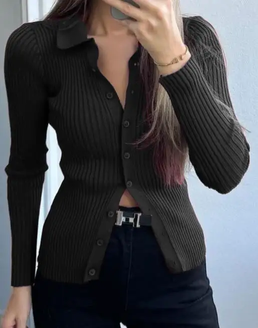 2026 우아하고 섹시한 가을 겨울 캐주얼 심플 단색 긴팔 셔츠 풀오버 탑 울 여성 의류