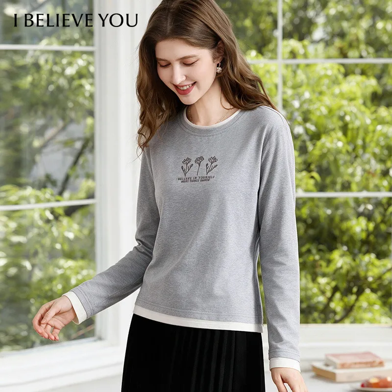 I BELIEVE YOU Women's Fake Two Piece Long Sleeve T-Shirt 2026 Autumn Floral Embroidery Soft Casual Ladies Basic Top 2263016418