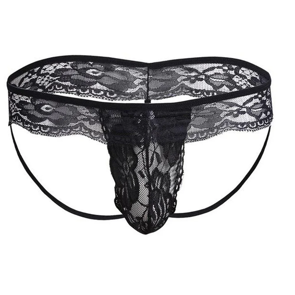 1pc Sexy Men\'s See Through U-Convex Pouch Thongs Briefs Underwear Solid Color Sissy Male T-back Lace G-Strings Panties