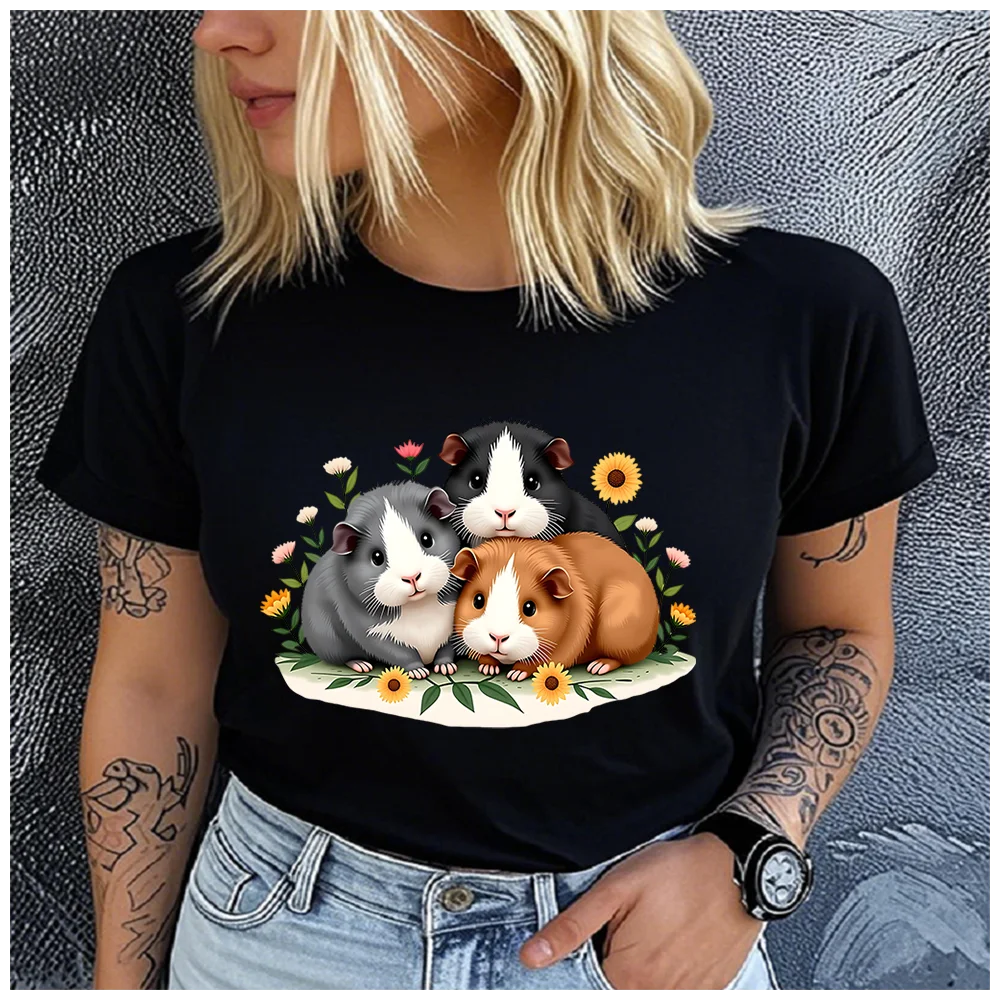 Women's Cotton 100% Three cute little animals Print T-shirt Loose round Neck Casual Short Sleeve Fashion Top  Clothing Summer