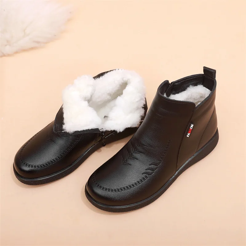 

High Quality Winter Women Boots Leather Watarproof Keep Warm Flat Ankle Boots Women Non-Slip Short Boots Mother Booties