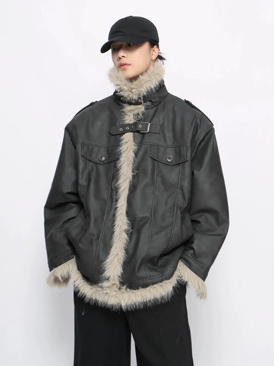 Men's 2024 Winter New Warm Fur Integrated High-end Fur Collar Men's Trendy American Style Retro Splicing Faux Leather Jackets