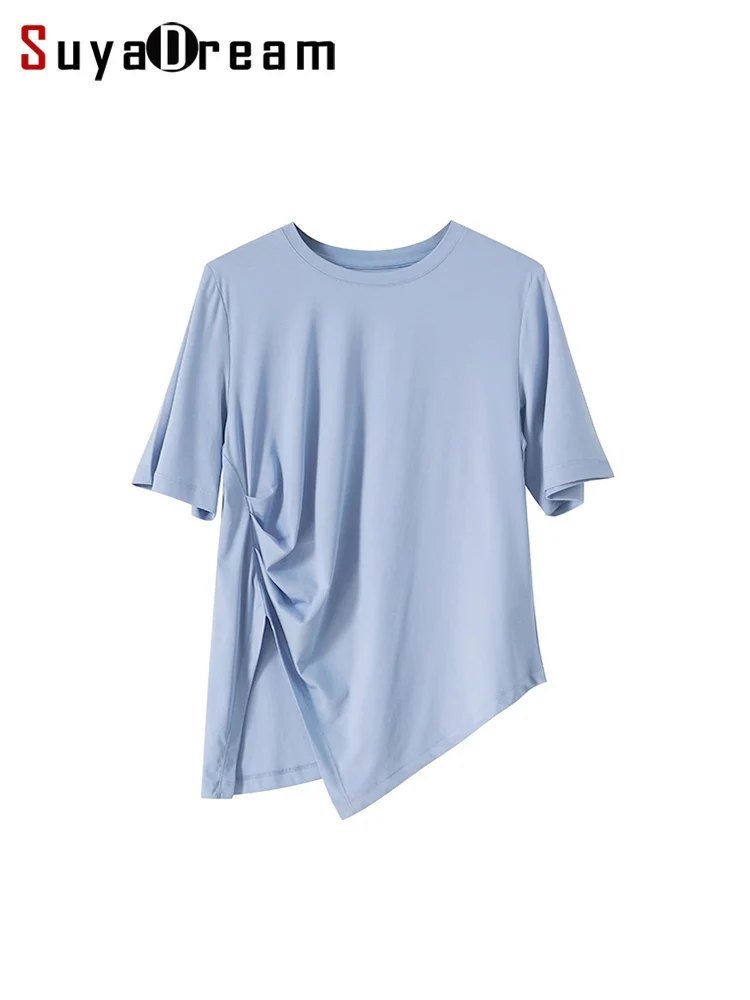 SuyaDream Women Solid T Shirt Real Silk Cotton Blend Round Collar Asymmetrical Bottom Summer Tee 2023 New Tops Blue White