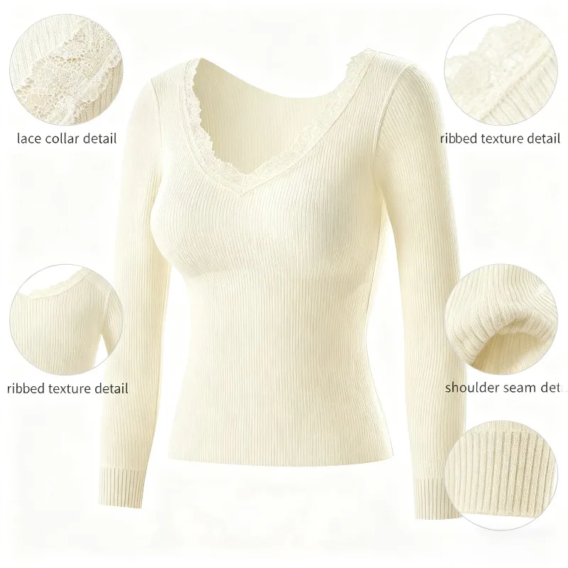 Lace V-Neck Long Sleeve Thermal Top - Ribbed Slimming Women's Winter Warm Underwear & Loungewear Top