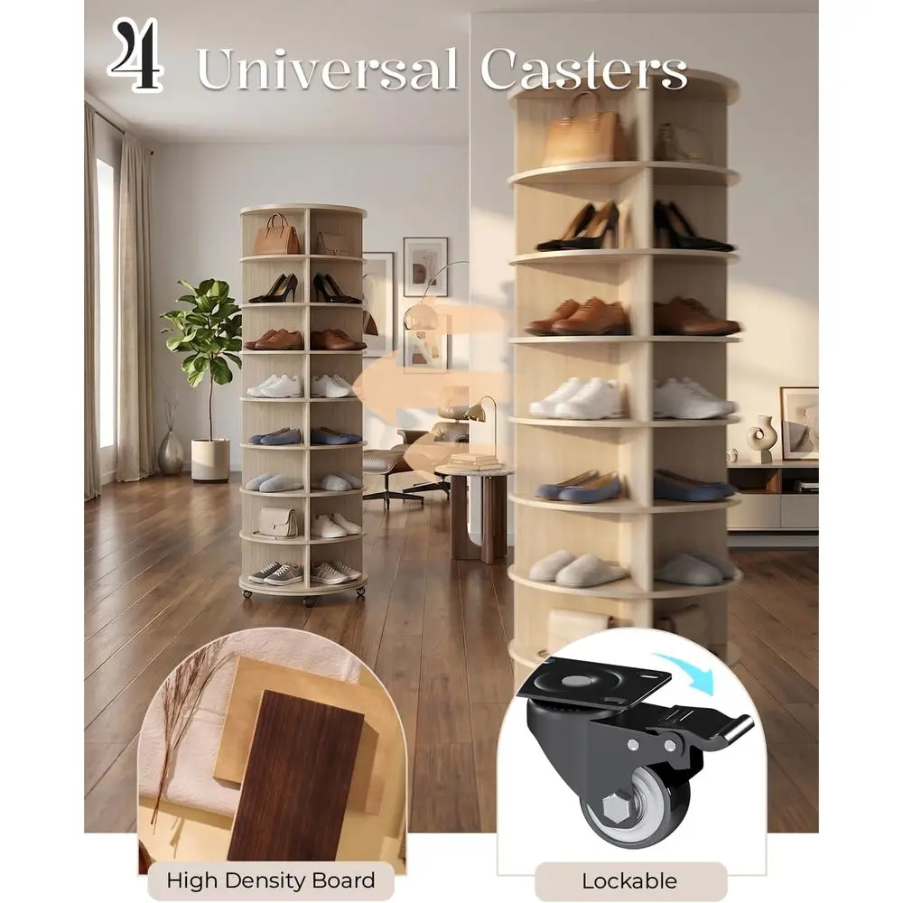 8-Tier Rotating Shoe Rack Organizer with 4 Casters, Natural, 23.6x23.6x74 view 5