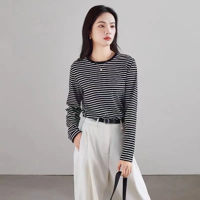 Women Striped Crew Neck Long Sleeve Top Slim Fit Casual Layering Shirt For Spring Autumn Daily Commute