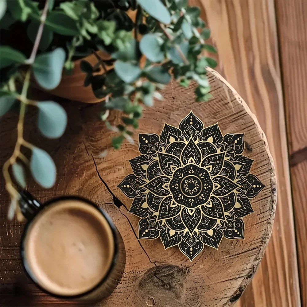 Set of 6 2D Black and Gold Mandala Theme Pattern Art Coasters Round Wooden Heat ResistantNon-SlipHomeDecorGiftMulti-Functional
