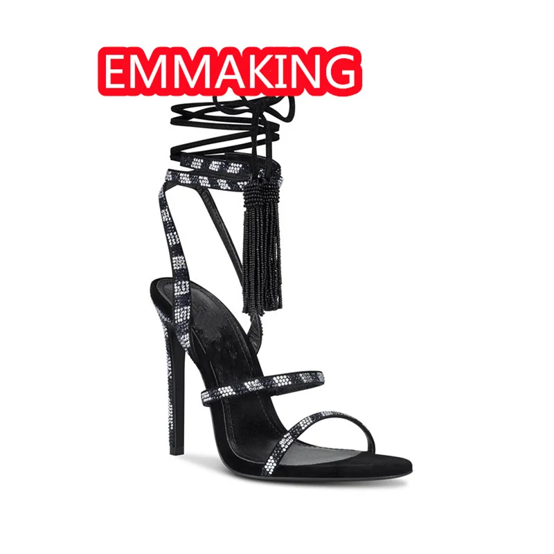 Mixed Diamonds Lace Up Ladies Summer Sandals 2024 New Design Black Beading Tassel Sexy Thin Heeled Gladiator Women Wedding Shoes