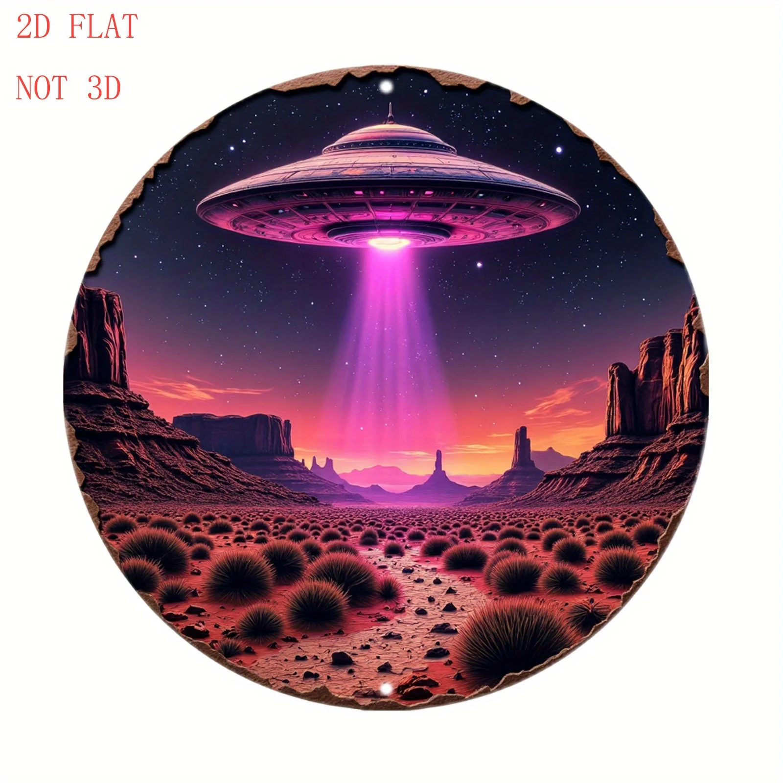8 inch Alien UFO Flying Saucer Monument Valley Desert Metal Wall Art Sign - Pink Beam Cactus Strata Starry Night Outdoor Durable
