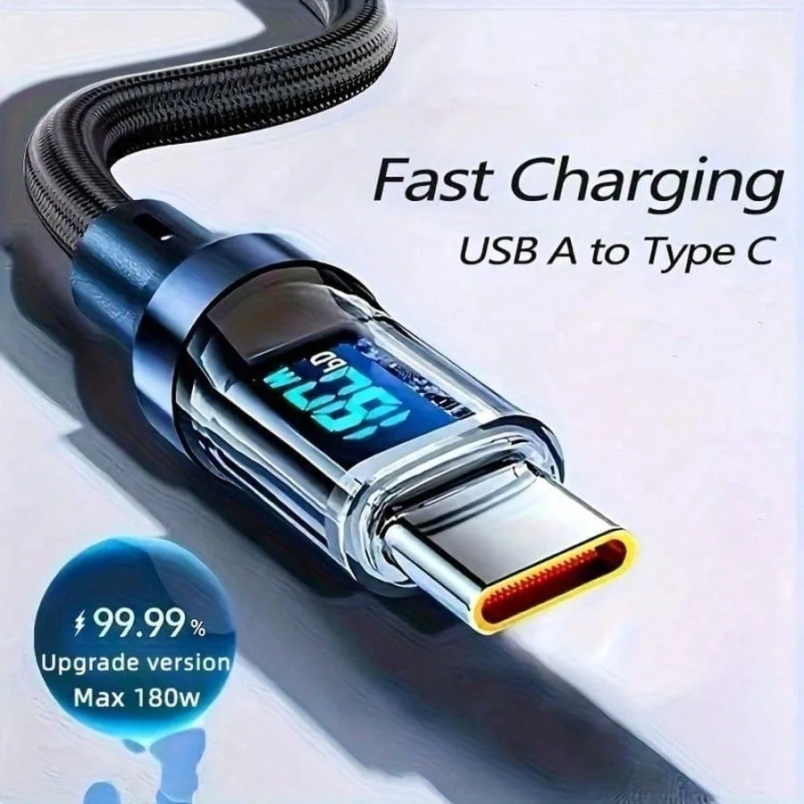 Cable USB A a Tipo-C de carga ultrarrápida de 180W con pantalla digital LED, superficie mate, sincronización de datos.