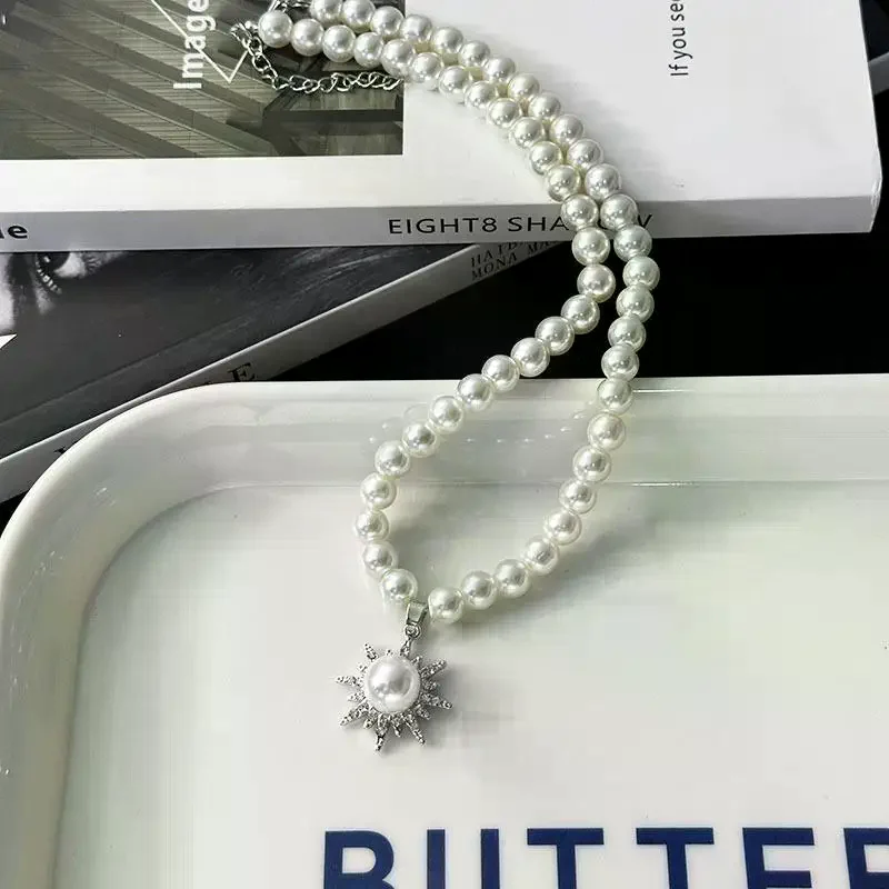 1 Set Sunflower White Pearl Necklace Earring Jewelry Set For Women Party