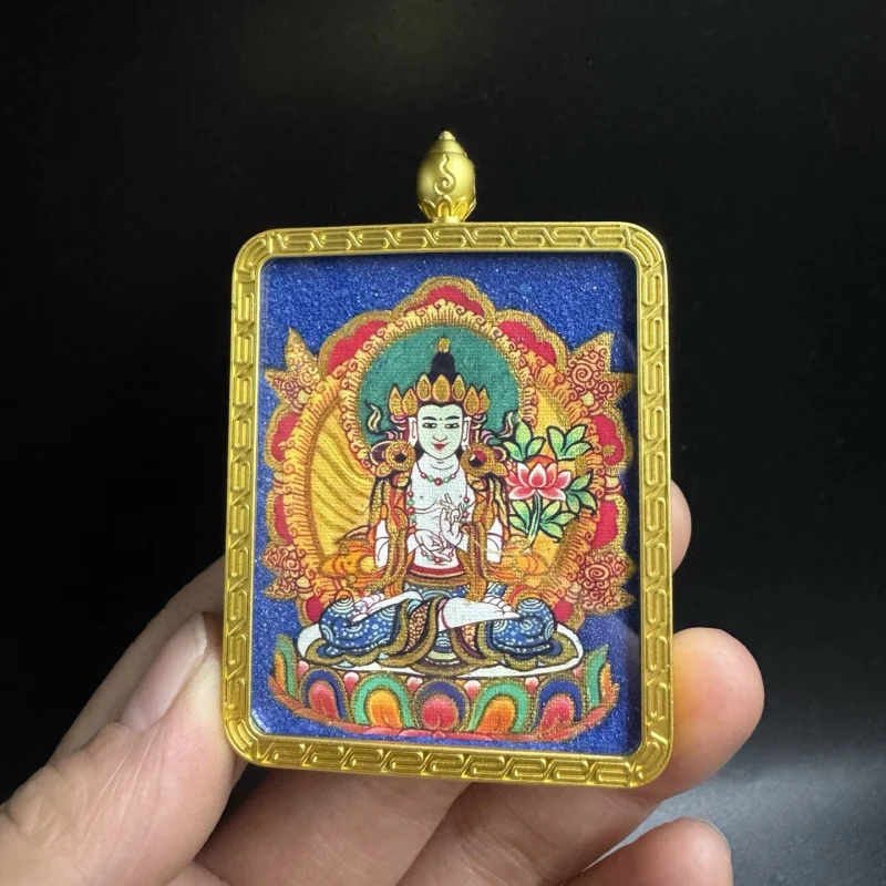

Thangka Pendant Hand-Painted Gold Detailing, Featuring Void Hidden Bodhisattva And Eight Guardian Deities, With A P