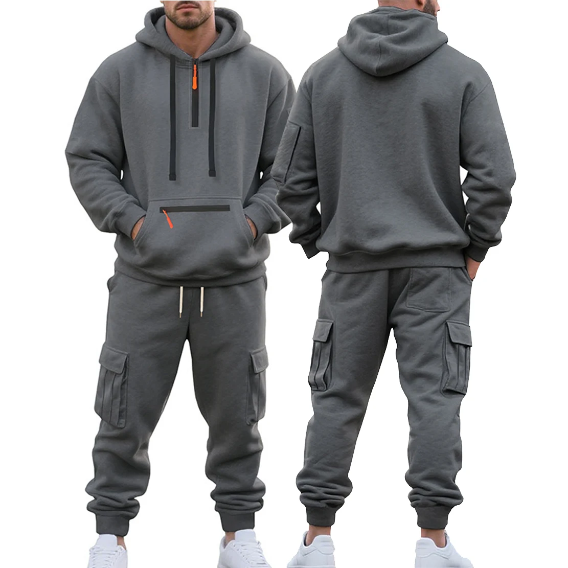 Ensemble de survêtement décontracté pour hommes, doublure polaire lourde, pour l'hiver, coupe ample, demi-fermeture éclair, style vêtements de travail 2 pièces