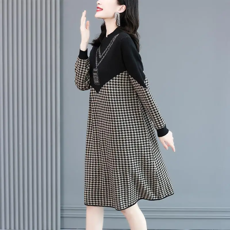 Fall Winter Fashion Elegant Chic Houndstooth Diamonds Party Knitted Sweater Dresses for Women Long Sleeve Slim Basic Midi Dress