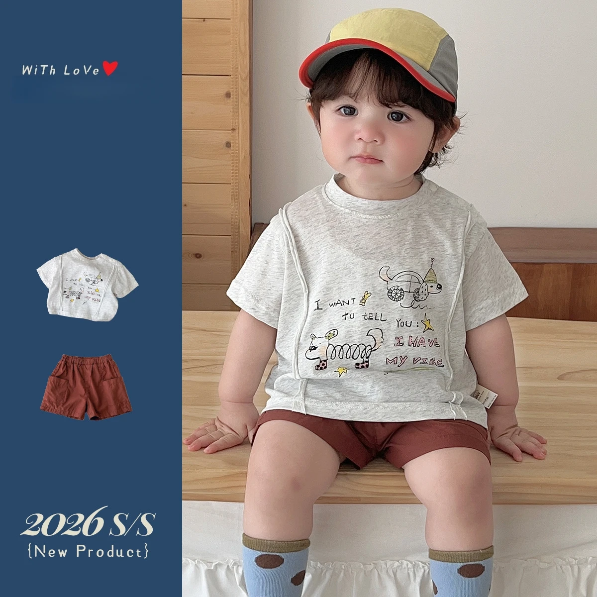 

Летний детский комплект 2026: рубашка с мультяшным принтом и кнопками на плечах и кирпично-красные шорты карго, 2 предмета, для мальчиков 6М-3Т