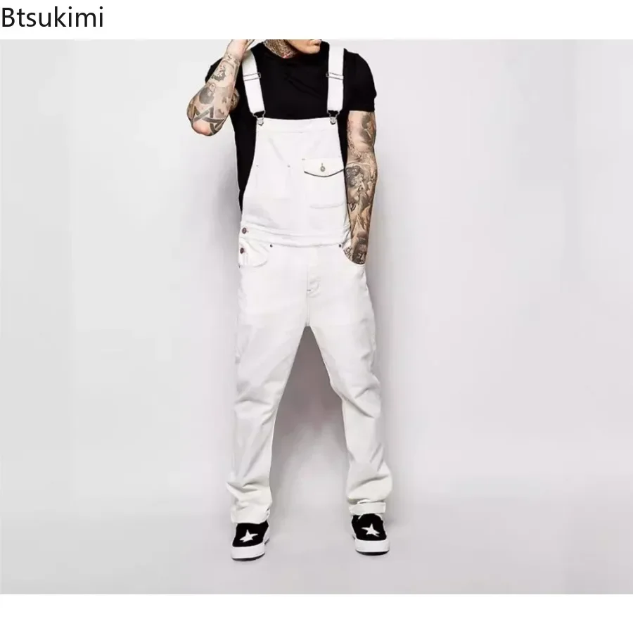 2026 New Men's Solid Fashion Pockets Denim Bib Overalls Soft Loose Suspender Jeans Trousers Male Daily Classic Casual Jumpsuit