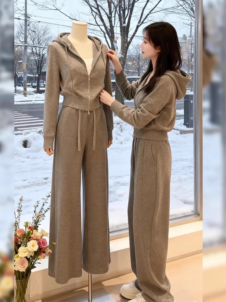 

Faionable ey Hoodie And Casual Pants Set Women's High Waist Long Sve Warm Clothing Zipper Closure Winter Outfit