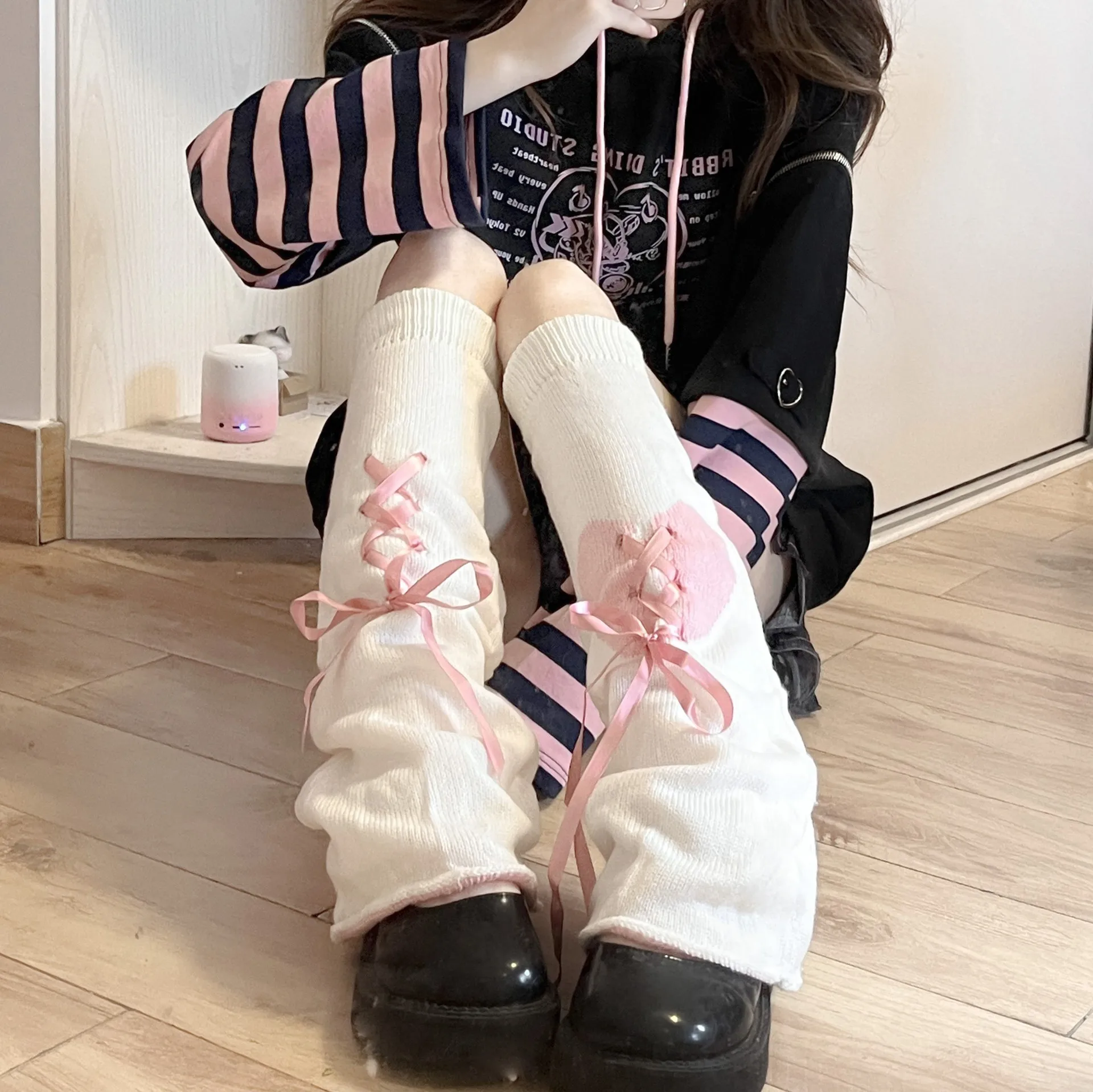 Women Y2K Millennium Leg Warmers, Pink Lolita Bow Hollow Cutout Stacked Calf Socks, Alt Culture Hot Girl for Street Cosplay