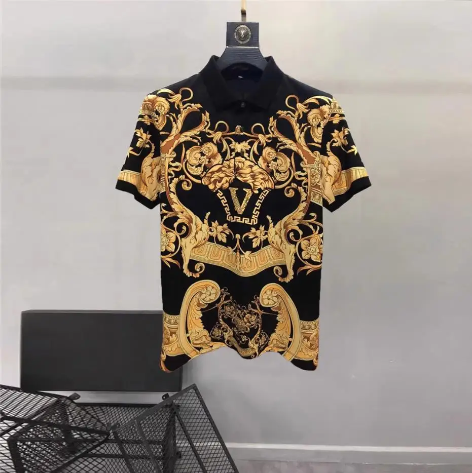 European and American men\'s 2023 summer new Lapel short sleeves fashion Palace Vintage Print T-shirt