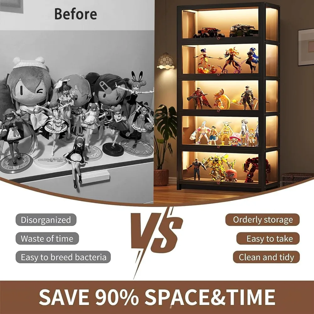 Display Cabinet with Acrylic Glass Doors, 5 Tier Bamboo Curio Cabinets & Display Case for Collectibles, Kids Bookcase for Home,