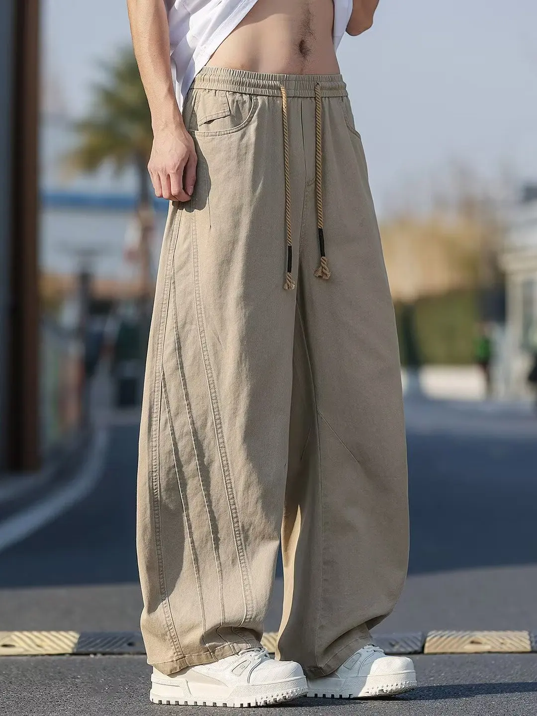 American Large Size Workwear Pants Men Summer New Fashion Splicing Men's Loose Wide Leg Knife Pants Casual Cotton Trousers
